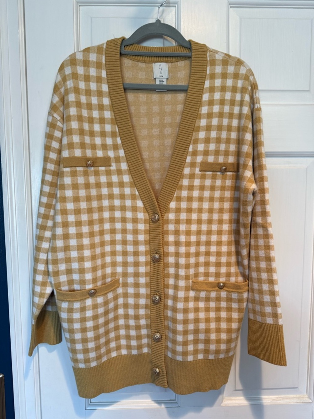 Joie Mustard & White Gingham V-Neck Cardigan